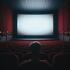 Dark cinema with audience waiting in anticipation, with black white screen