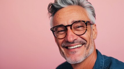 Obraz premium Smiling man with gray hair wearing glasses and a blue shirt against a pink background.