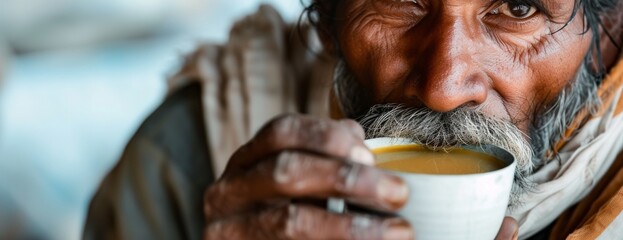 Close up view of senior Indian man drinking harira soup to break his fast