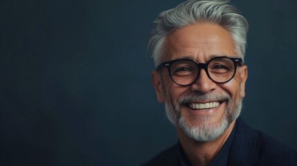 Obraz premium Smiling man with gray hair glasses and beard wearing a dark suit against a blue background.