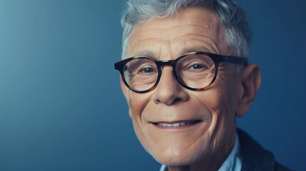 An elderly man with gray hair and glasses smiling against a blue background.