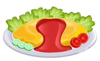Omurice Topped with Tomato sauce - Cherry Tomatoes, Cucumbers and Lettuce on Side 