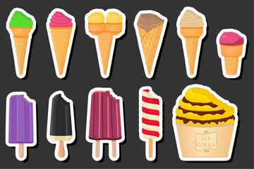 Illustration on theme big kit ice cream popsicle different types in cone waffle cup