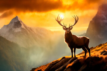 Magnificent highland stag on a mountan range with dramatic skies as a backdrop  - obrazy, fototapety, plakaty