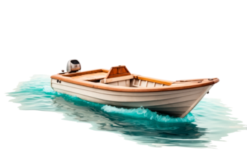 Old wooden boat  with motor isolated on transparent background, Png file