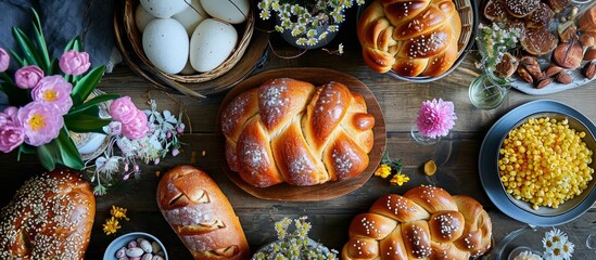 Sweet breads with braids, bunny-shaped dough, and Easter decorations, accompanied by hellebores and...
