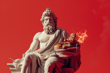 Olympian Feast, Zeus Grills Up Godly Bites, A Greek statue of Zeus grilling burgers and hotdogs at a BBQ, in front of a bright red background.