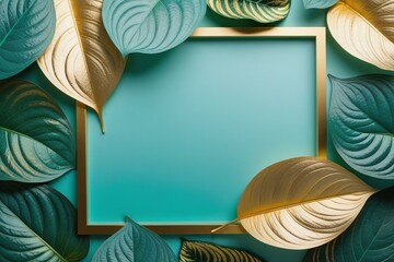 Elegant Turquoise and Gold Background with Caladium Leaf Decorations and Gold Frame