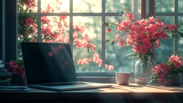 Laptop and coffee on table by the window with flower vase decoration, working concept. seamless looping 4k time-lapse animation video background