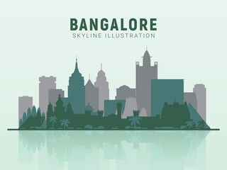 Bangalore skyline. Bangalore skyline and landmarks silhouette, light green tone gradient design. Bangalore skyline horizontal banner. skyline in flat style. Vector template for your design. EPS