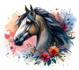 Obraz na płótnie Canvas Horse. Flowers. Head. Stallion. Portrait. Watercolor. Isolated illustration on a white background. Banner. Close-up. Generative AI