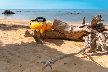 Kayak on the beach of Hut Luboa on the island of Ko Jum. In the north of the island, also known as Ko Pu, you can explore quiet sandy beaches away from the island by kayak. 