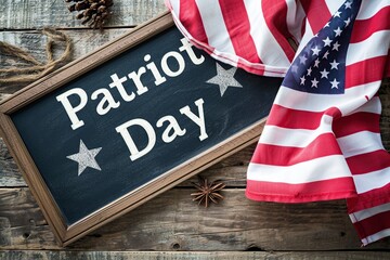 Fototapeta na wymiar American flag and a blackboard with the words, Patriot Day, on Veterans Day