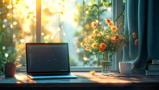 Laptop and coffee on table by the window with flower vase decoration, working concept. seamless looping 4k time-lapse animation video background