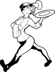 Art of a modern and sophisticated chef carrying an empty plate, which can be used in art compositions, black and white illustration with transparent background.