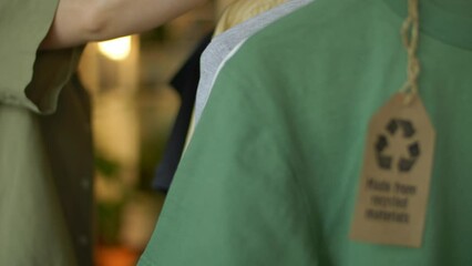 reuse sign, t shirts made of recycled materials. recycling clothes. sustainable fashion concept, eco fashion. environmental problems, small business 