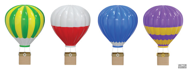 3D Colorful hot air balloons with baskets travel isolated on white background. Summer balloon journey. 3D vector illustration.