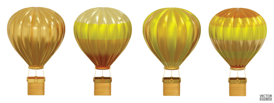 3D golden hot air balloons with gold baskets travel isolated on white background. Summer balloon journey. 3D vector illustration.