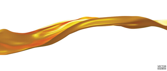 Flying gold silk textile fabric flag background. Smooth elegant golden Satin Isolated on white Background for grand opening ceremony. Gold curtain. 3d vector illustration