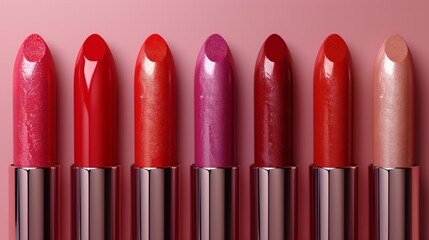 Obraz premium Chromatic Symphony: Lipstick Ensemble on Blushing Canvas. Generative AI.