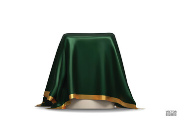 Fototapeta premium The podium is covered with a piece of dark green silk with gold stripes. Realistic box covered with green cloth. Podium for product, cosmetic presentation. Creative mock up. 3d vector illustration.