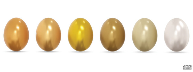 Set of gold easter eggs collection on white background. 3D Vector isolated illustration. For web, banners, greeting cards, posters, wrapping