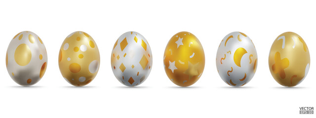 Set of gold easter eggs with pattern collection on white background. 3D Vector isolated illustration. For web, banners, greeting cards, posters, wrapping