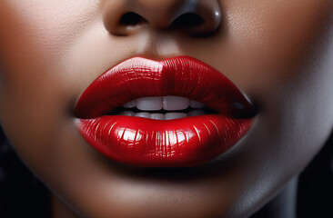 Beautiful plump red lips of a black woman and snow-white teeth.
