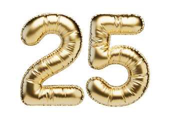 25. Glossy inflatable balloon with the number twenty-five. Golden volumetric numbers isolated on a transparent background. For anniversaries, birthdays, sales, greeting cards. Jubilee year 
