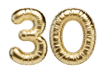 30. Glossy inflatable balloon with the number thirty. Golden volumetric numbers isolated on a transparent background. For anniversaries, birthdays, sales, greeting cards.