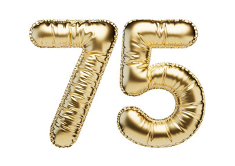 75. Glossy inflatable balloon with the number seventy-five. Golden volumetric numbers isolated on a transparent background. For anniversaries, birthdays, sales, greeting cards.
