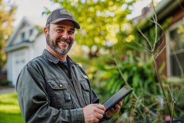 Professional landscape arborist using a tablet to provide a customer a quote on the outdoor job site, green industry worker integrating with technology to keep customers happy