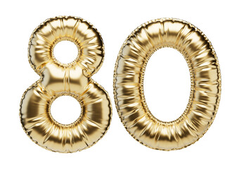 80. Glossy inflatable balloon with the number eighty. Golden volumetric numbers isolated on a transparent background. For anniversaries, birthdays, sales, greeting cards.