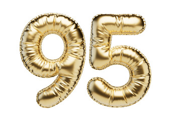 95. Glossy inflatable balloon with the number ninety-five. Golden volumetric numbers isolated on a transparent background. For anniversaries, birthdays, sales, greeting cards.