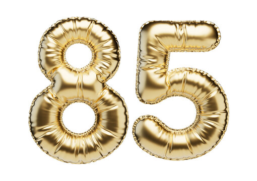 85. Glossy inflatable balloon with the number eighty-five. Golden volumetric numbers isolated on a transparent background. For anniversaries, birthdays, sales, greeting cards.