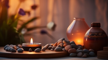 Spa, aromatherapy and candles on table for zen, calm and peace to relax for health and wellness.