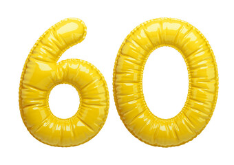 60. Glossy inflatable balloon with the number sixty. Yellow volumetric numbers isolated on a transparent background. For anniversaries, birthdays, sales, greeting cards.