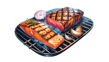 illustration of grilled salmon and beef meat on a grill