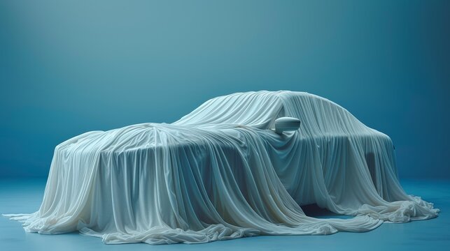 Whisper of Winter: A Dreamlike Car Cocooned in White on a Serene Blue Canvas. Generative AI.