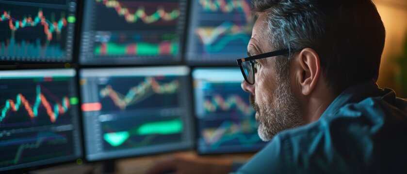 A focused man analyzing stock charts on multiple monitors in a high-tech, dark room with a serious atmosphere; suitable for finance-related events.