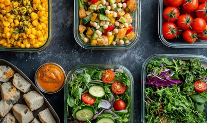 Delicious, healthy veggie meal planning containers shot from above, salads, fruit. Make lunch easy with food prepping and  portion control