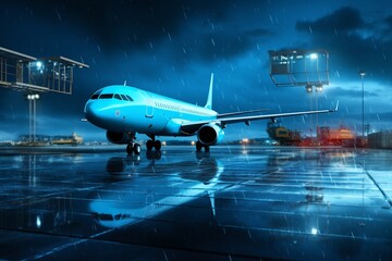 Large plane at night at the airport on the runway in the rain and fog. Flights and bad weather