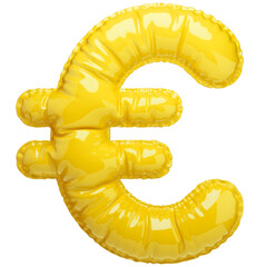 EUR. Euro icon. European currency sign in the shape of a balloon, isolated on a transparent background. An inflatable balloon of bright yellow color with a glossy texture. - obrazy, fototapety, plakaty