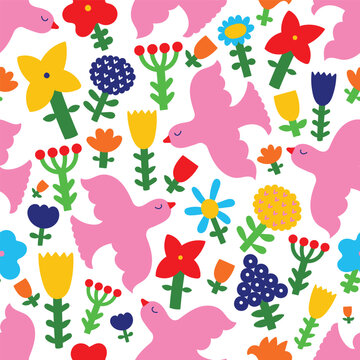 Cute floral seamless pattern with spring flower and birds. Vintage flowers illustration. Template for fashion prints.
