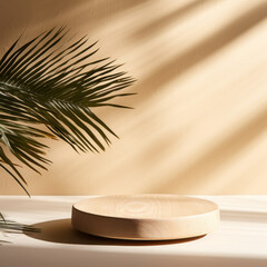 Pedestal for exhibition and tropical plant leaves shadows