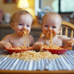 Two cute and adorable twin babies eating spaghetti - AI Generated Digital Art - obrazy, fototapety, plakaty