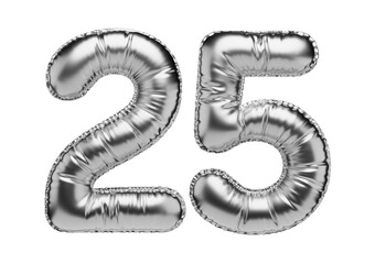 25. Glossy inflatable balloon with the number twenty-five. Silver volumetric numbers isolated on a transparent background. For anniversaries, birthdays, sales, greeting cards.