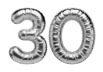 30. Glossy inflatable balloon with the number thirty. Silver volumetric numbers isolated on a transparent background. For anniversaries, birthdays, sales, greeting cards.