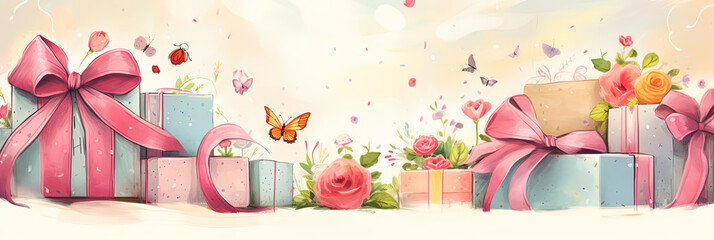 Festlicher Hintergrund Banner mit Geschenken und Textfreiraum