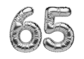 65. Glossy inflatable balloon with the number sixty-five. Silver volumetric numbers isolated on a transparent background. For anniversaries, birthdays, sales, greeting cards.